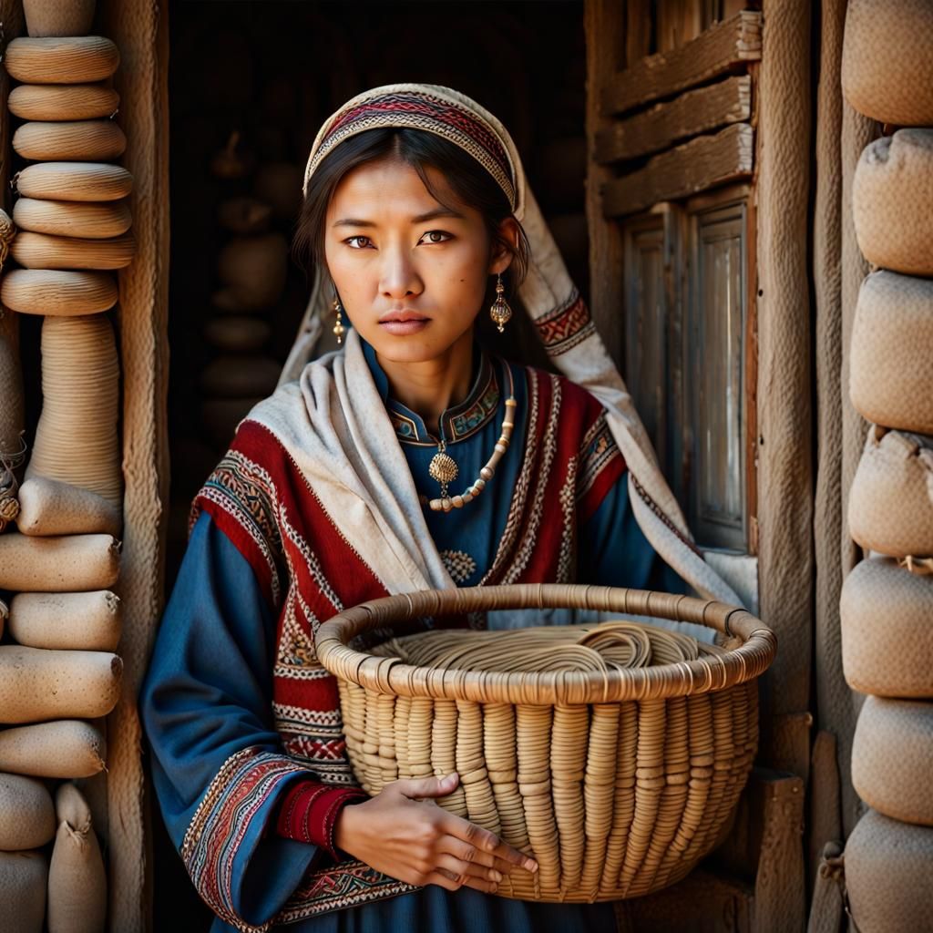 Kyrgyz Girl in Nomad Clothing by Ancient Doorway
