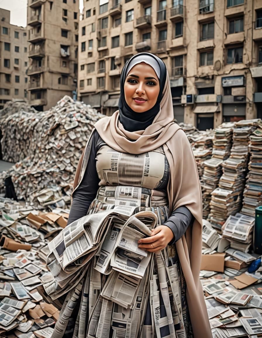 Middle Eastern Woman in Newspaper Dress Fine Art