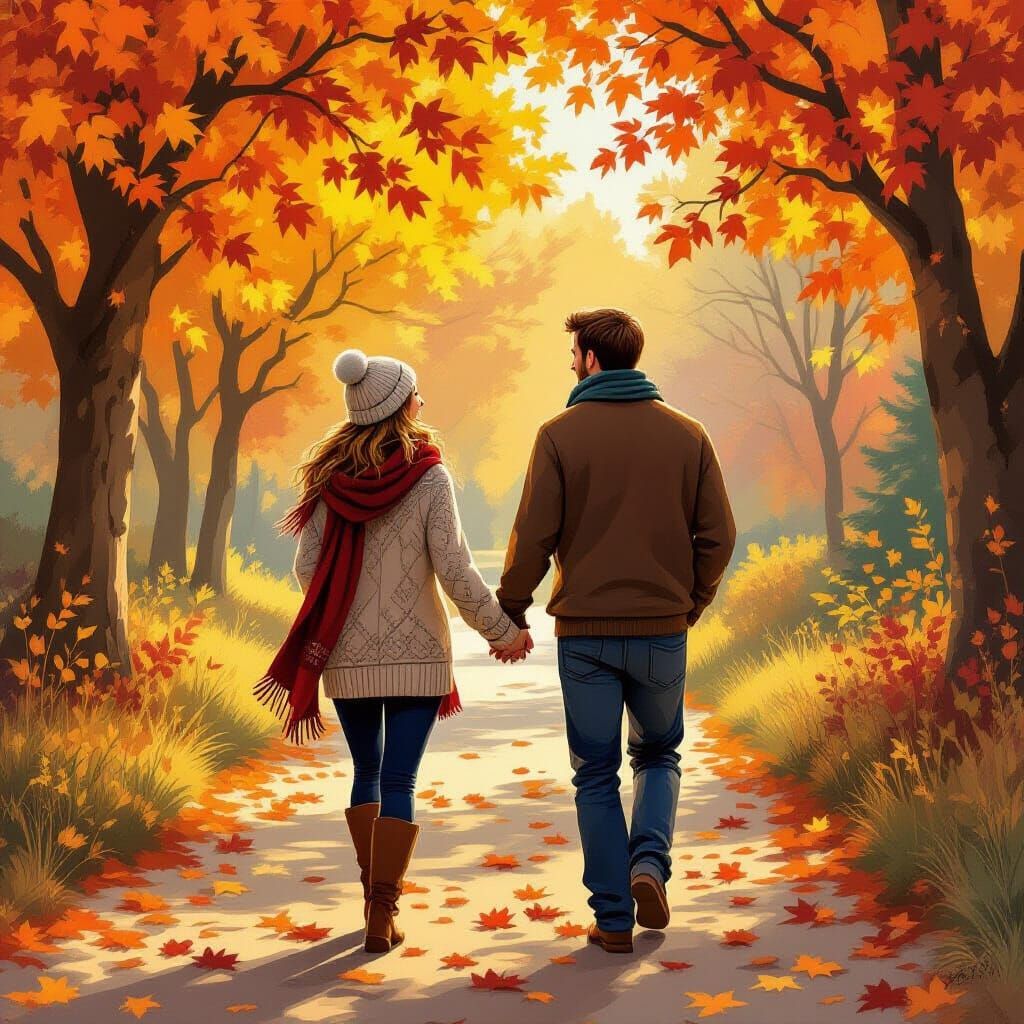 Autumn Couple in Cozy Realist Style