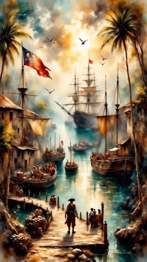 Hyperrealistic Caribbean Port City at Dawn