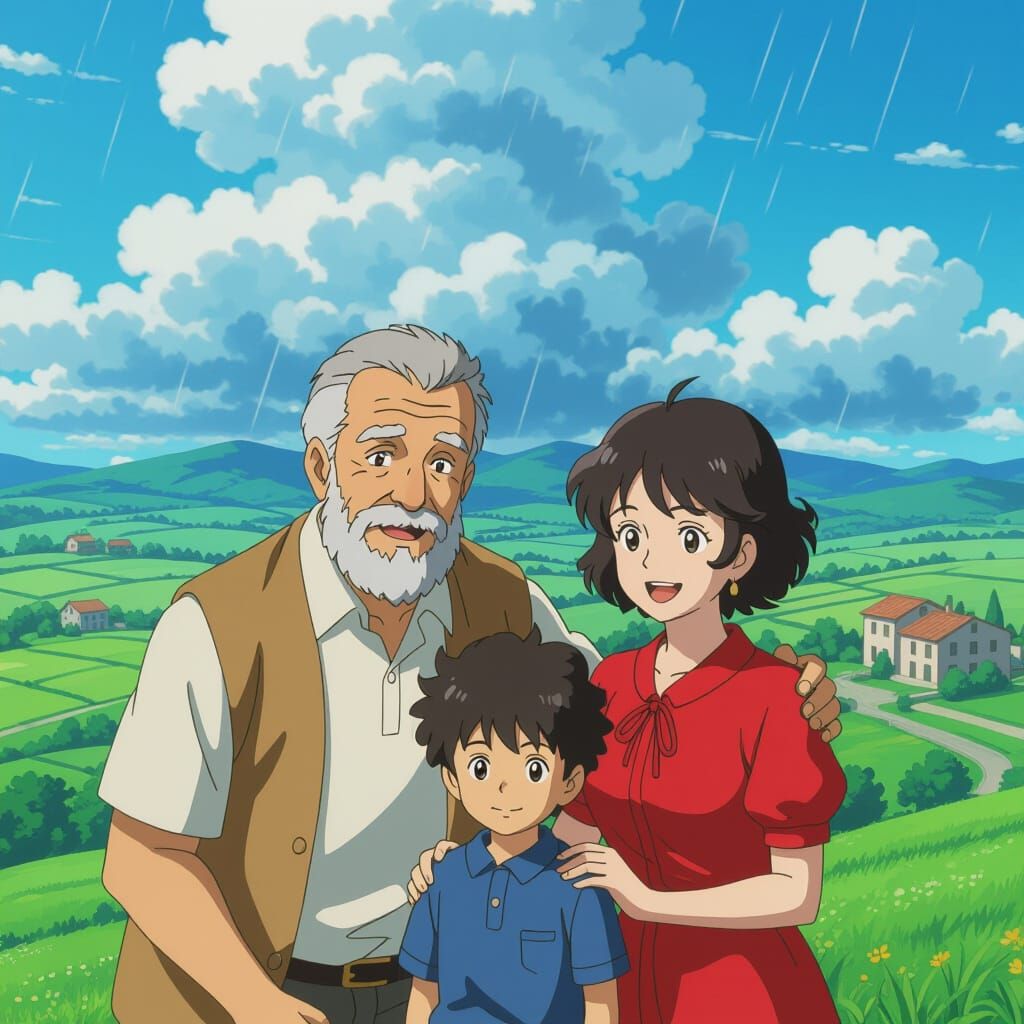 Italian Family Portrait in Studio Ghibli Anime Style