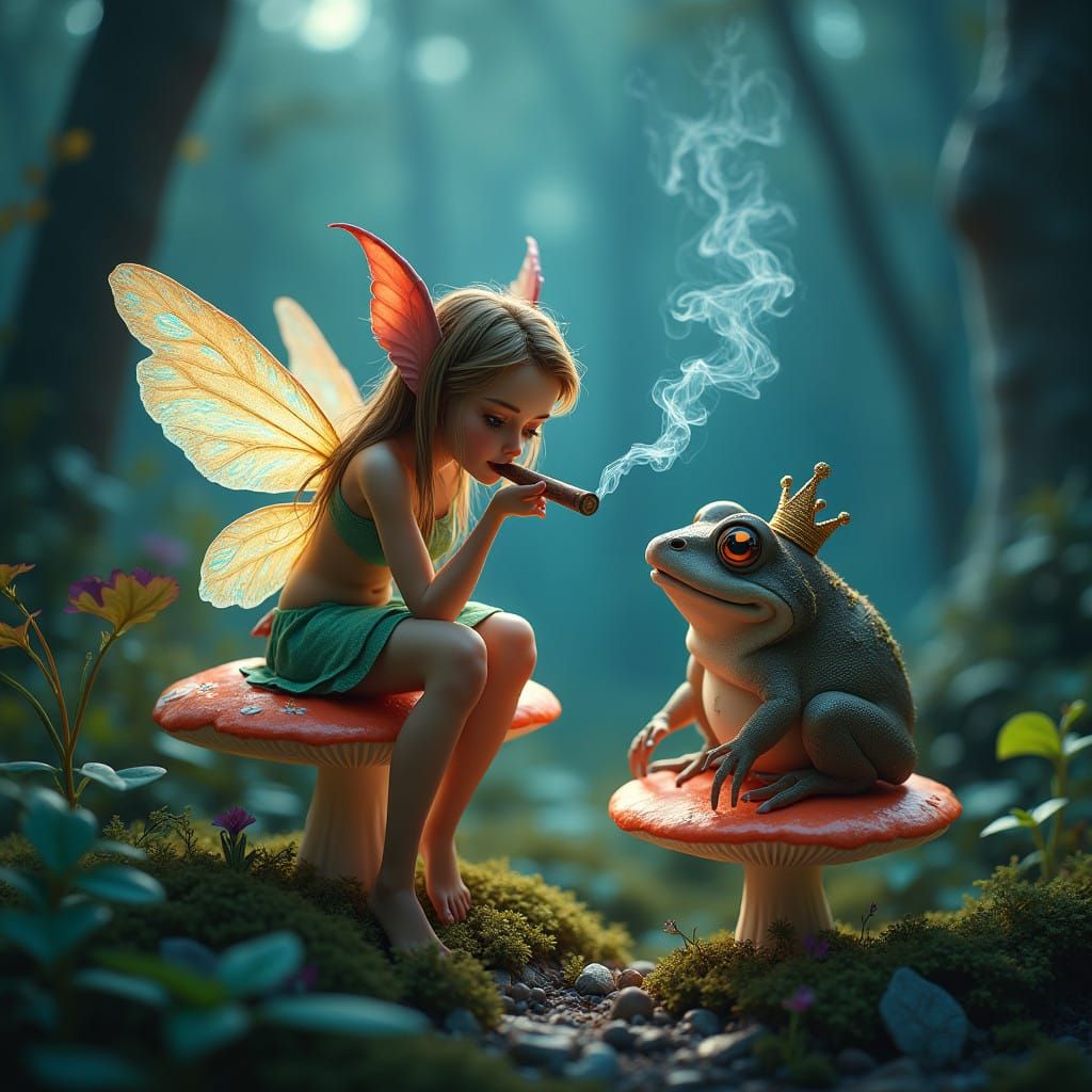 Mystical Faerie Confers with Wise Toad on Glowing Mushroom