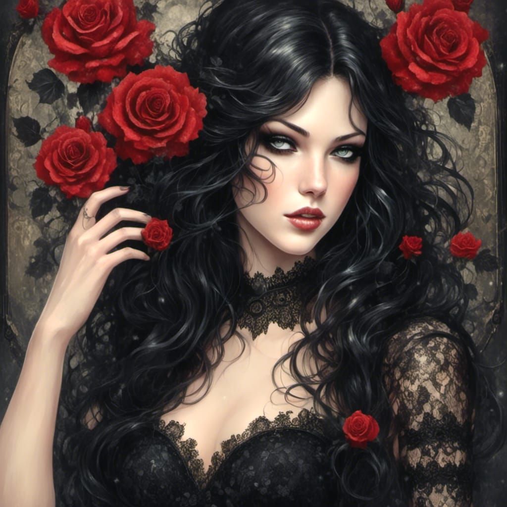 Gothic Beauty in Black Lace: Art Nouveau Illustration