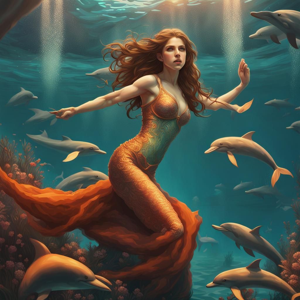 Mermaid Anna Kendrick with Dolphins, Digital Art