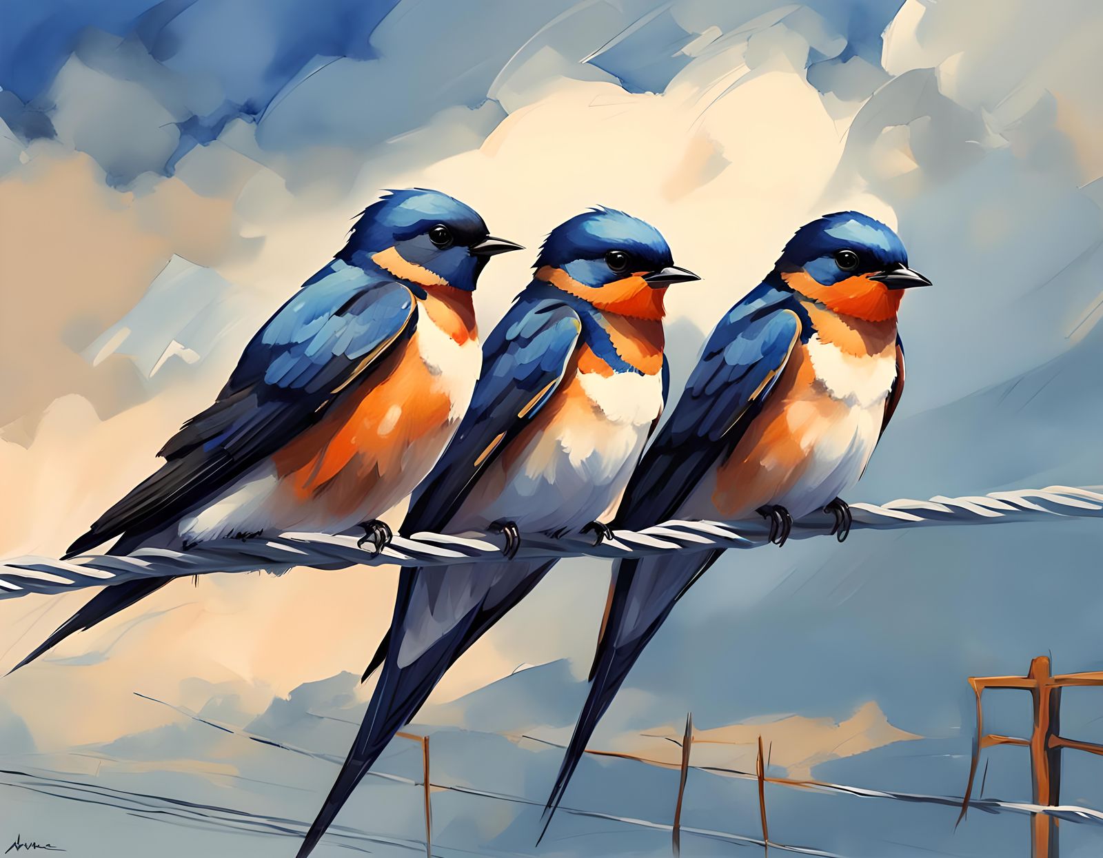 Colorful Barn Swallows on a Wire: Watercolor Painting