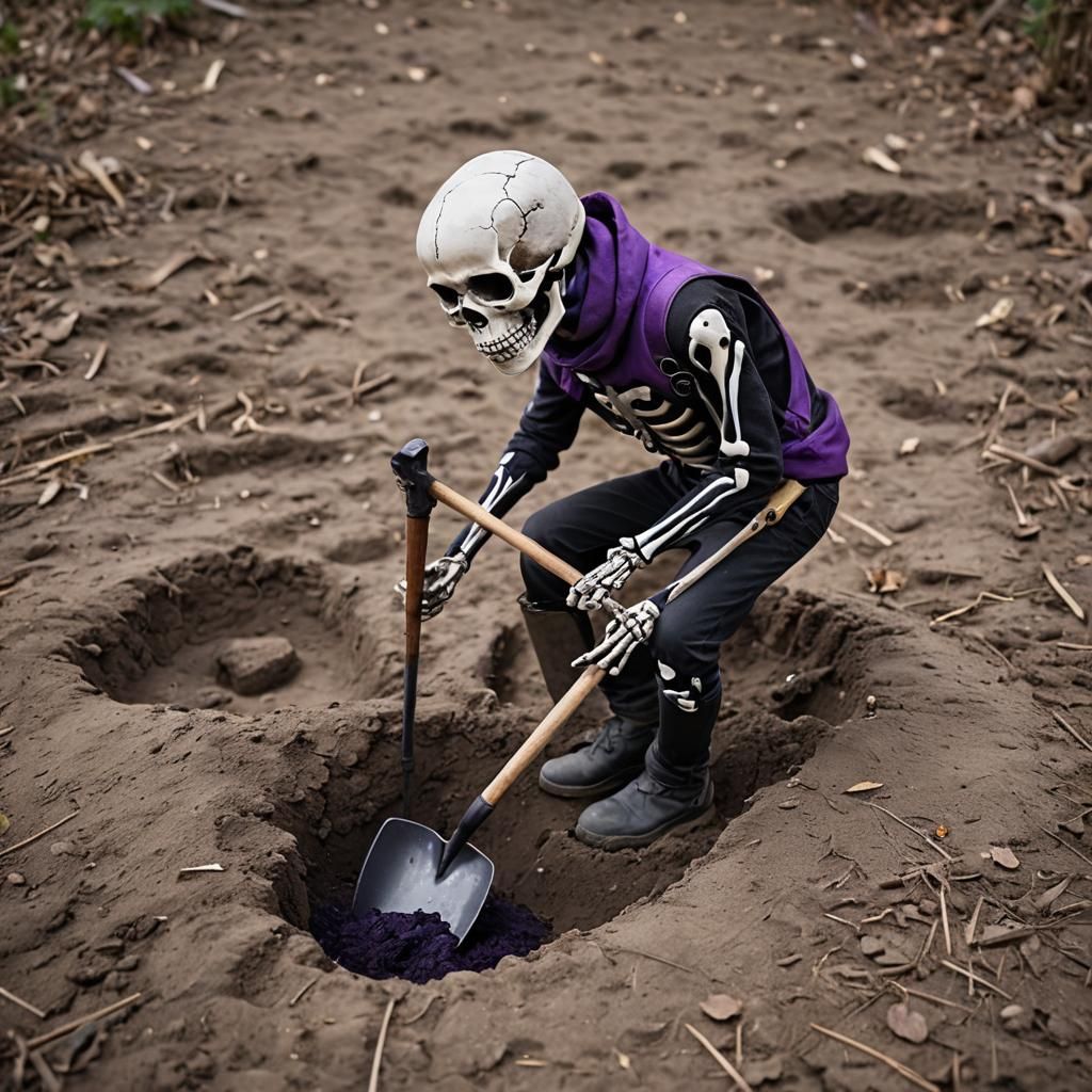 Skeleton boy, placing a black and purple heart in a hole usi...