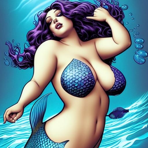 Voluptuous Mermaid in Blue Bikini, Comic Book Art