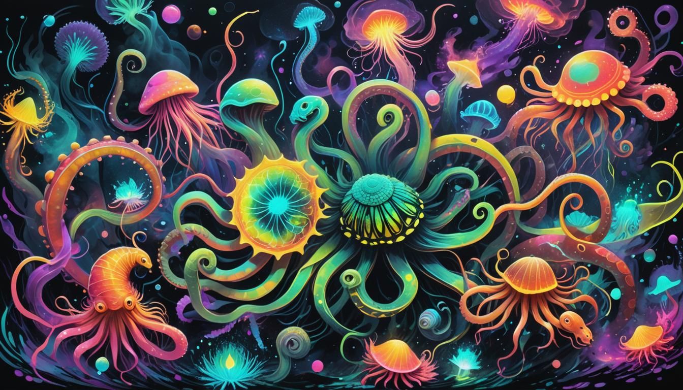 Visionary Psychedelic Swarm in Neon Ink Splatter Style