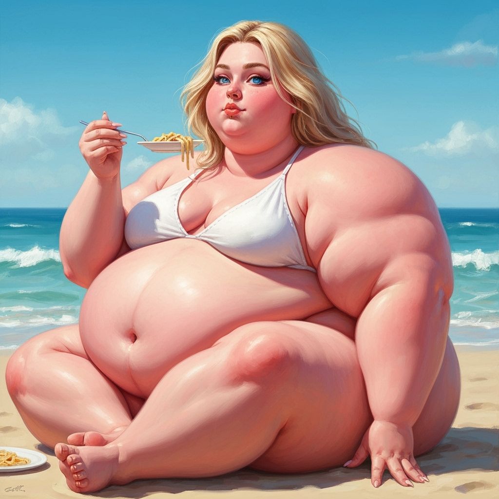 Obese Woman Enjoys Beach Pasta in Neo-Impressionist Style
