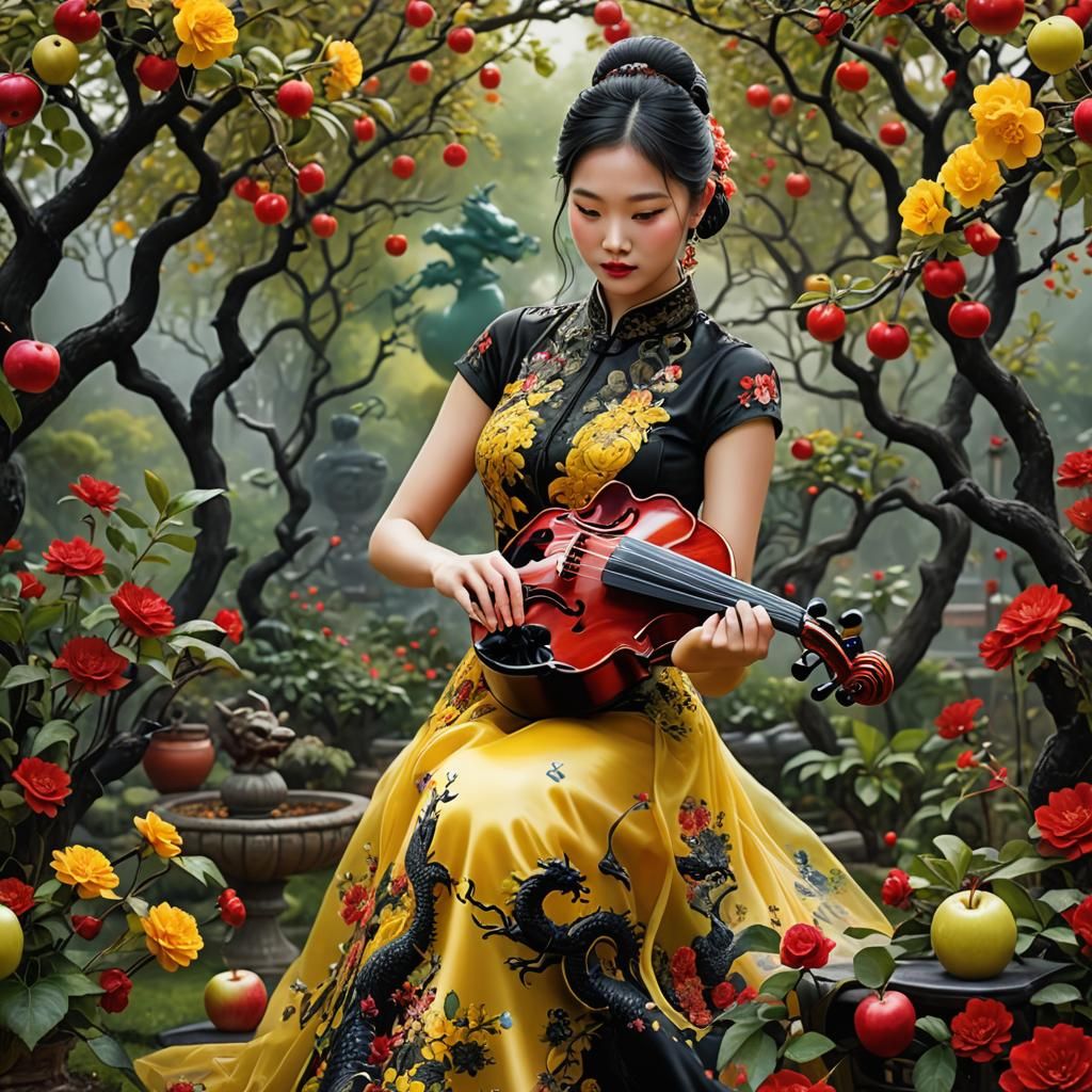 Glass Apple Macro Photograph with Violinist