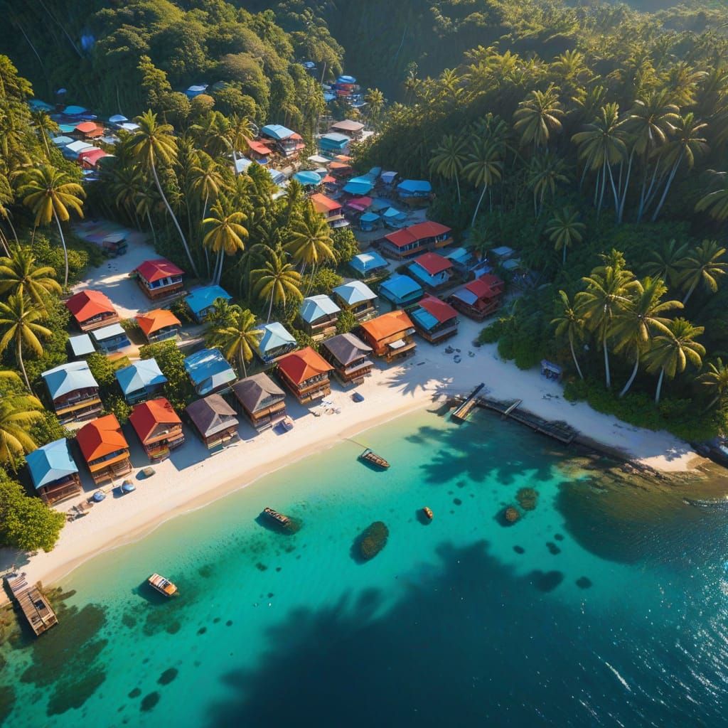 Tropical Island Village in Warm Sunlight