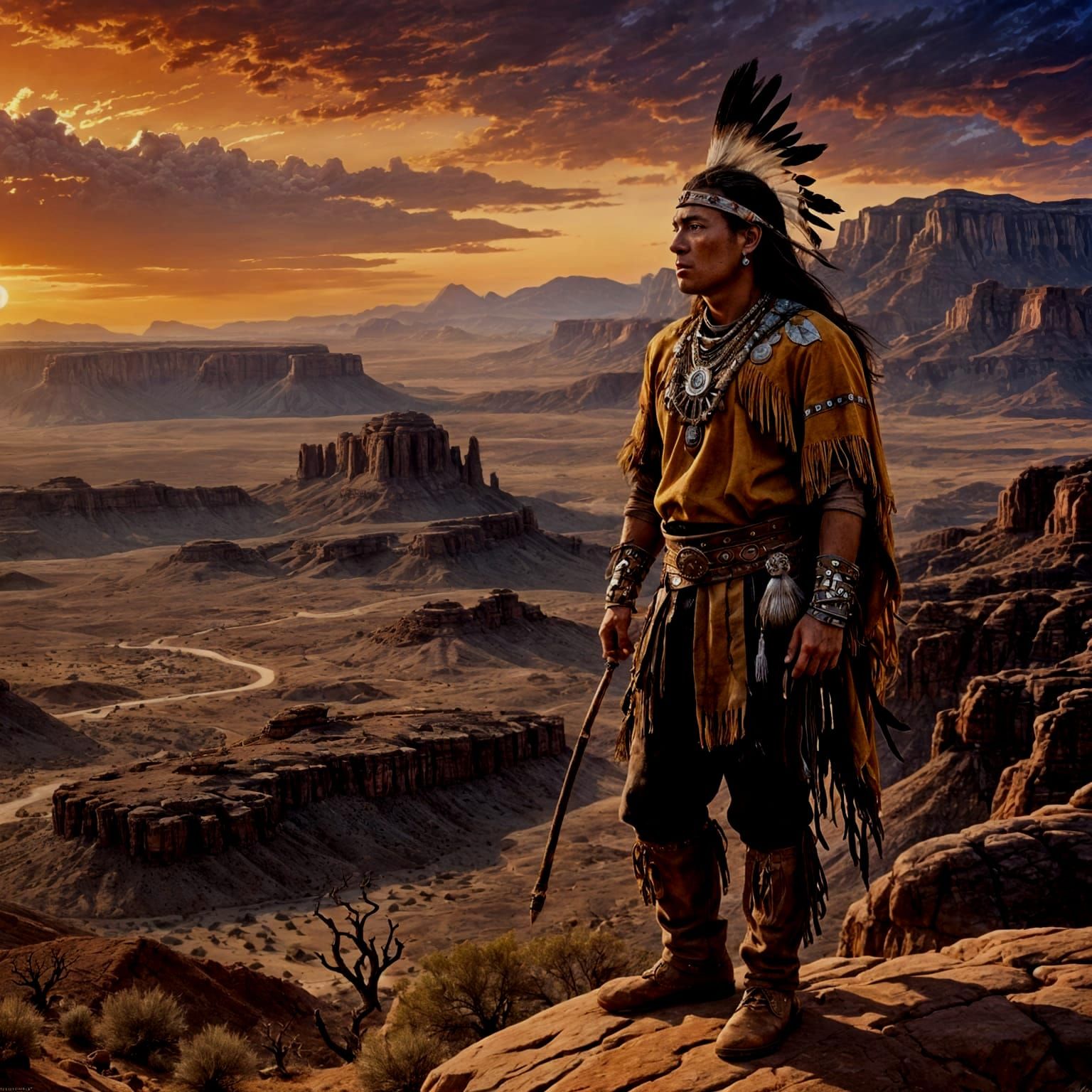 Native American Warrior in Desert Landscape at Sunset