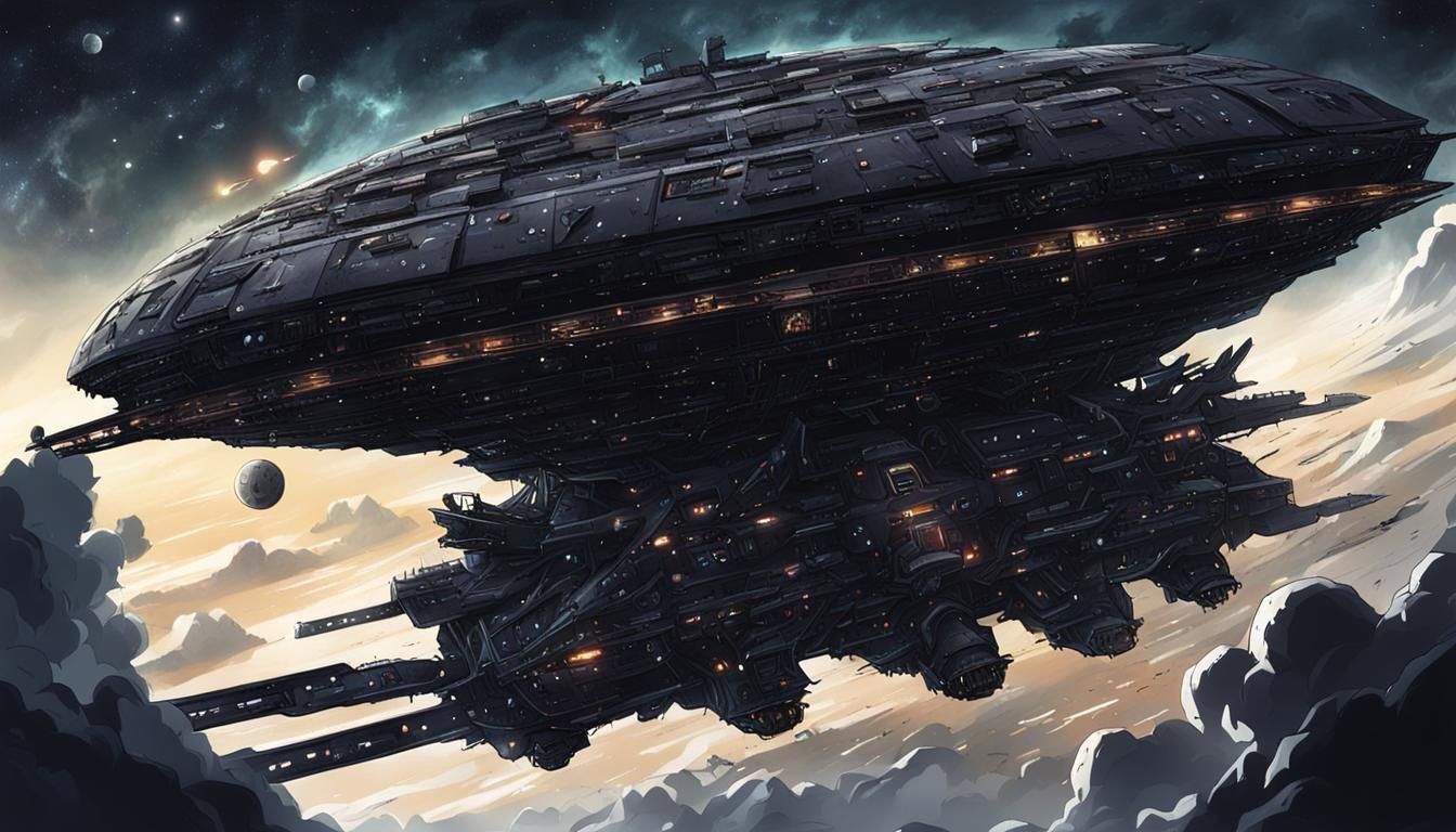 Menacing Black Spaceship in Anime Style