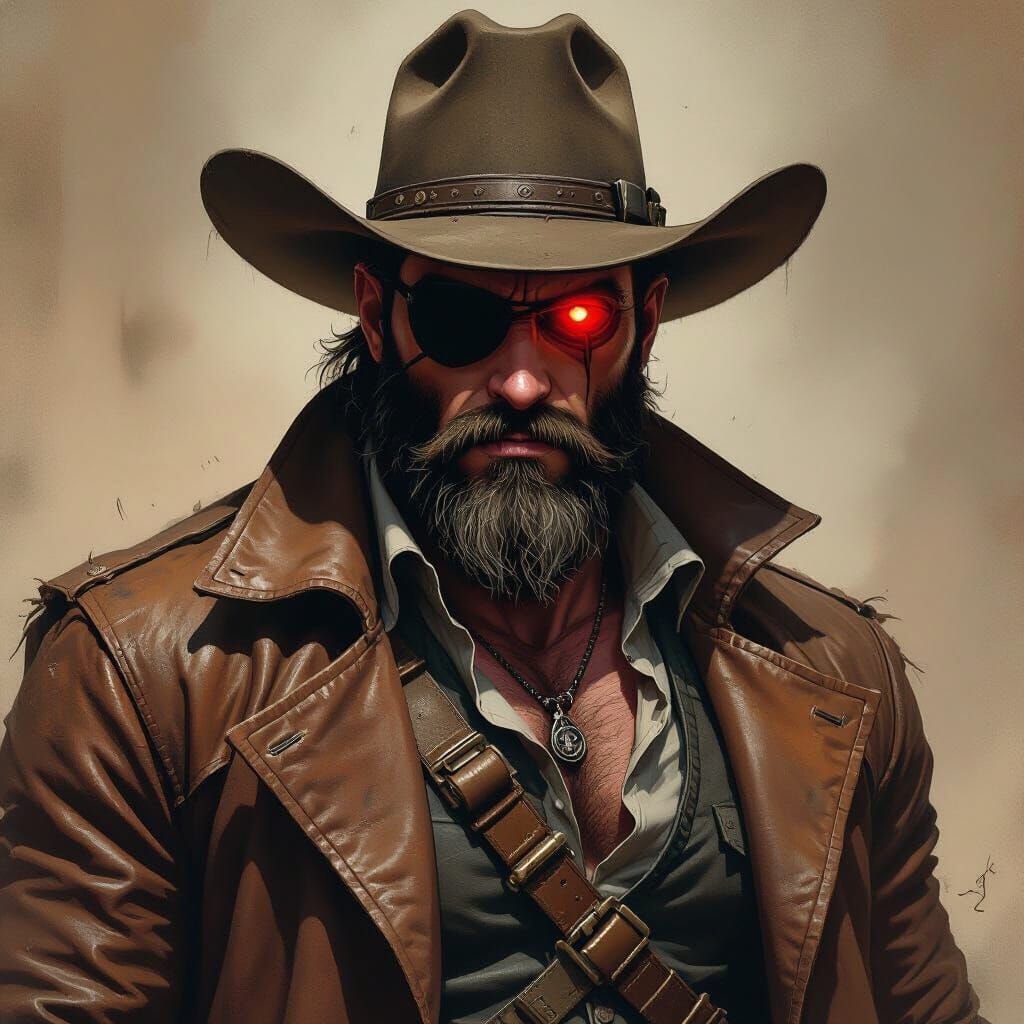 Muscular Cowboy with Eye Patch and Red Eye