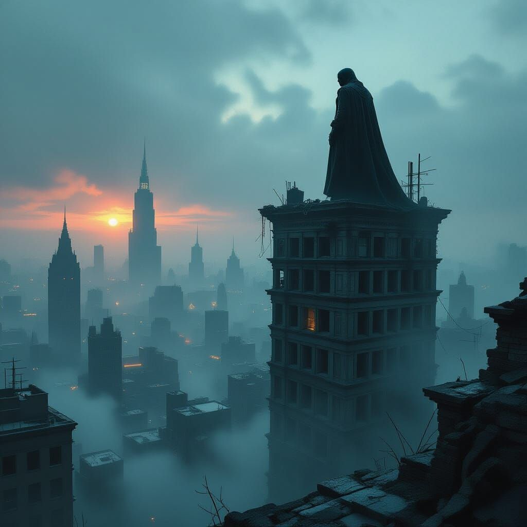 Spectral Villain Overlooks Apocalyptic Cityscape