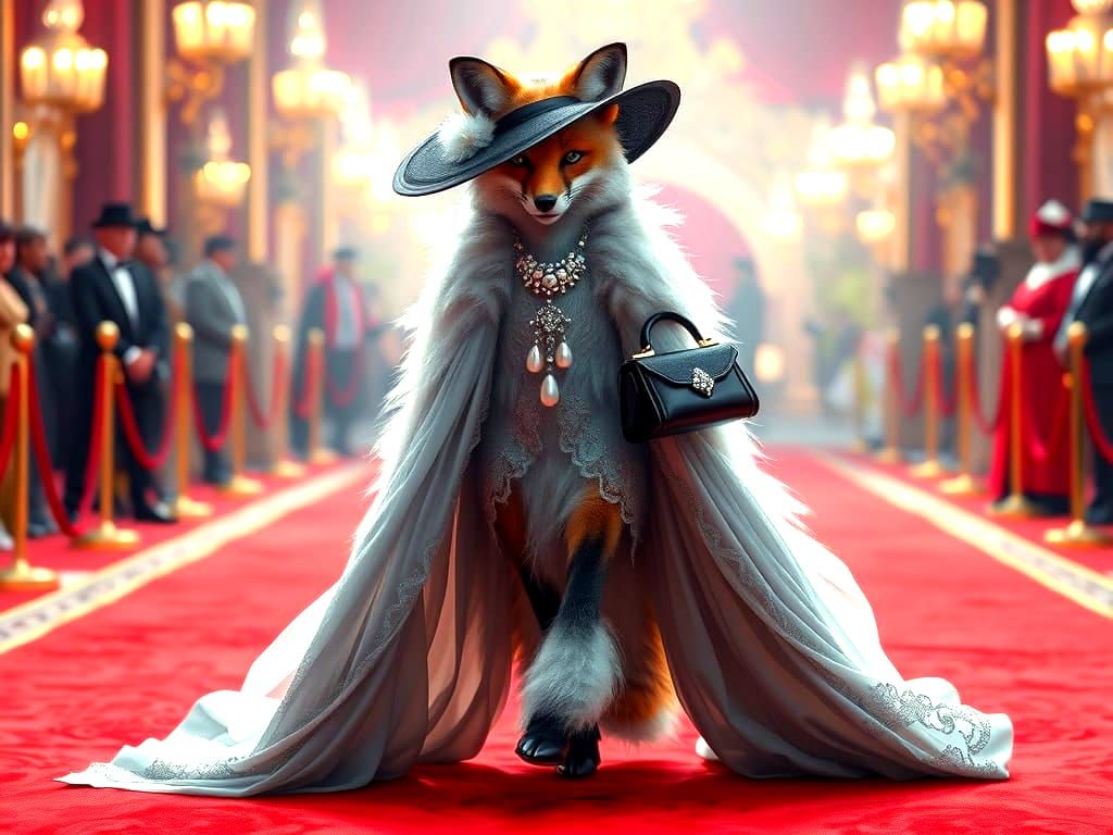 Elegant Fox in Opulent Red Carpet Gown with Pearls and Acces...