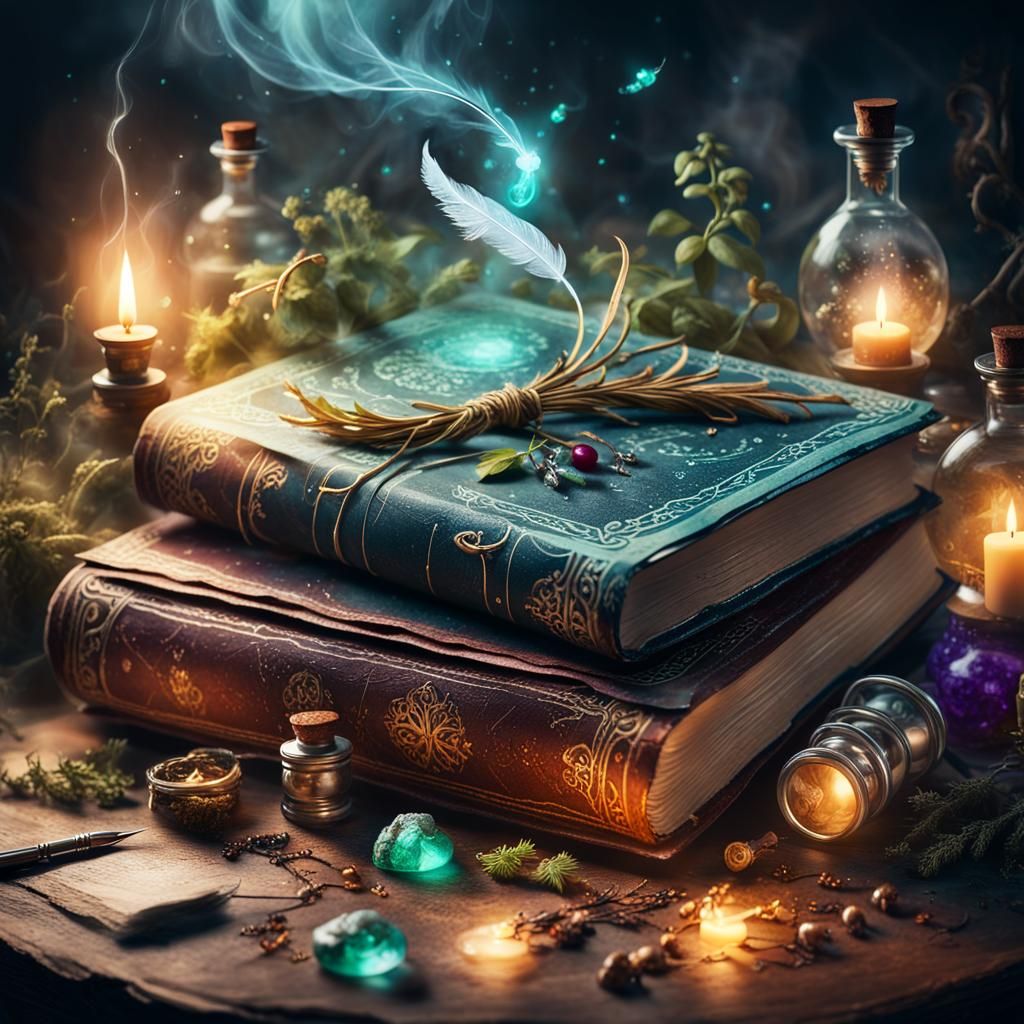 Mysterious Book of Magic with Potions and Fireflies