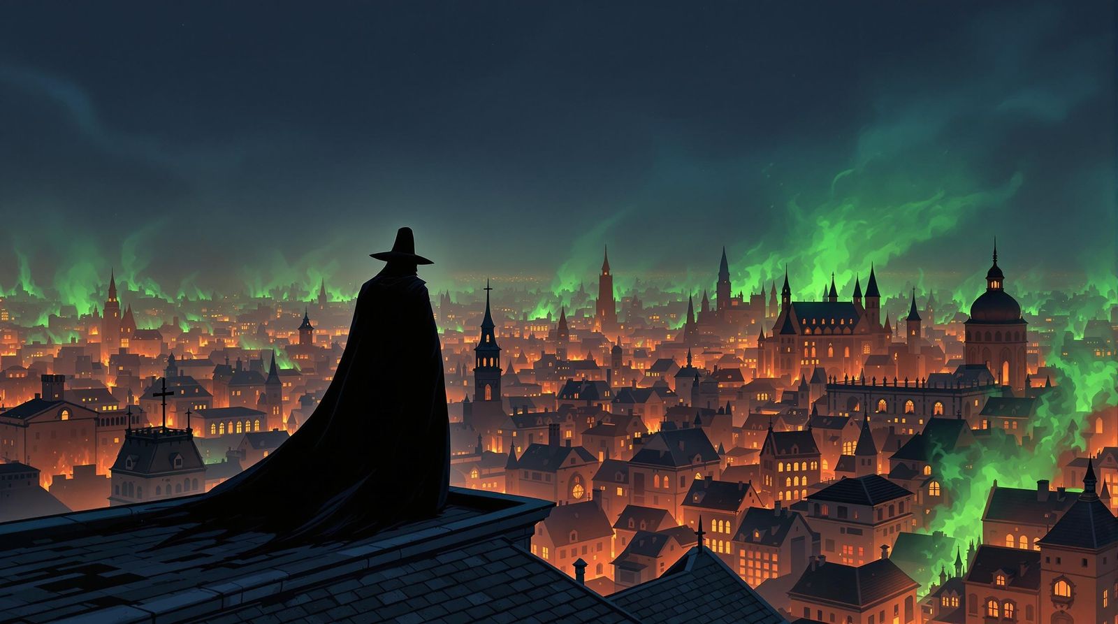 Ominous Plague Doctor Over Burning Gothic City