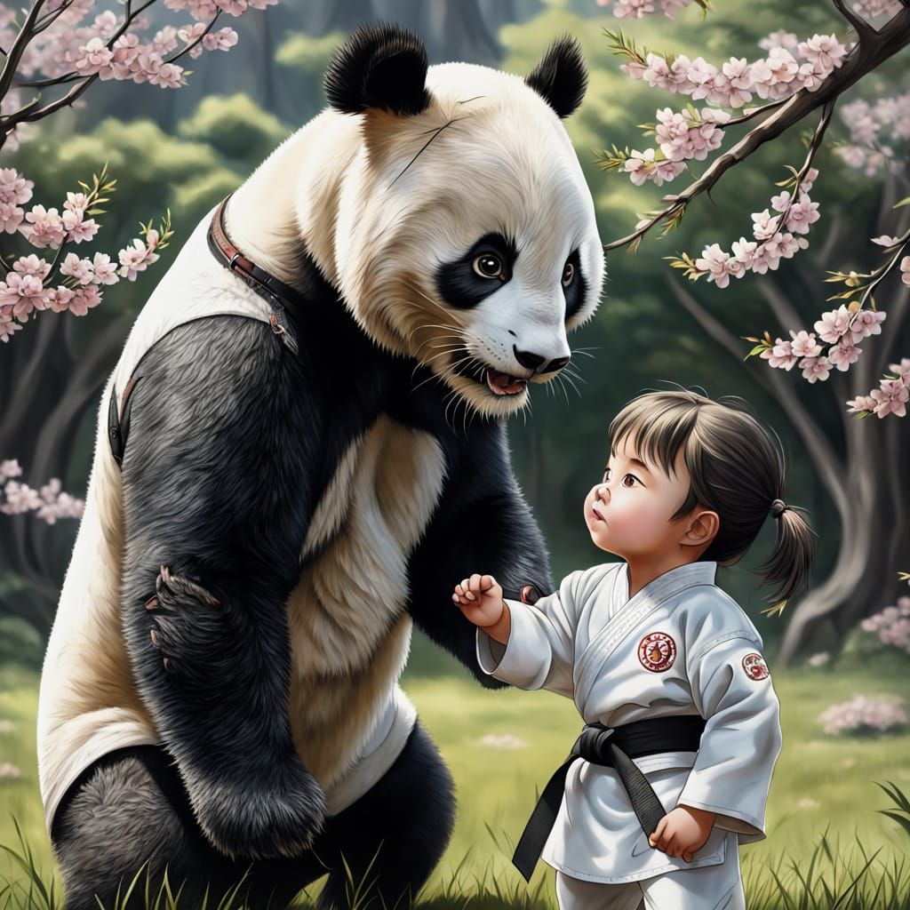 Anime-Style Charcoal Drawing of Girl and Panda Practicing Ka...