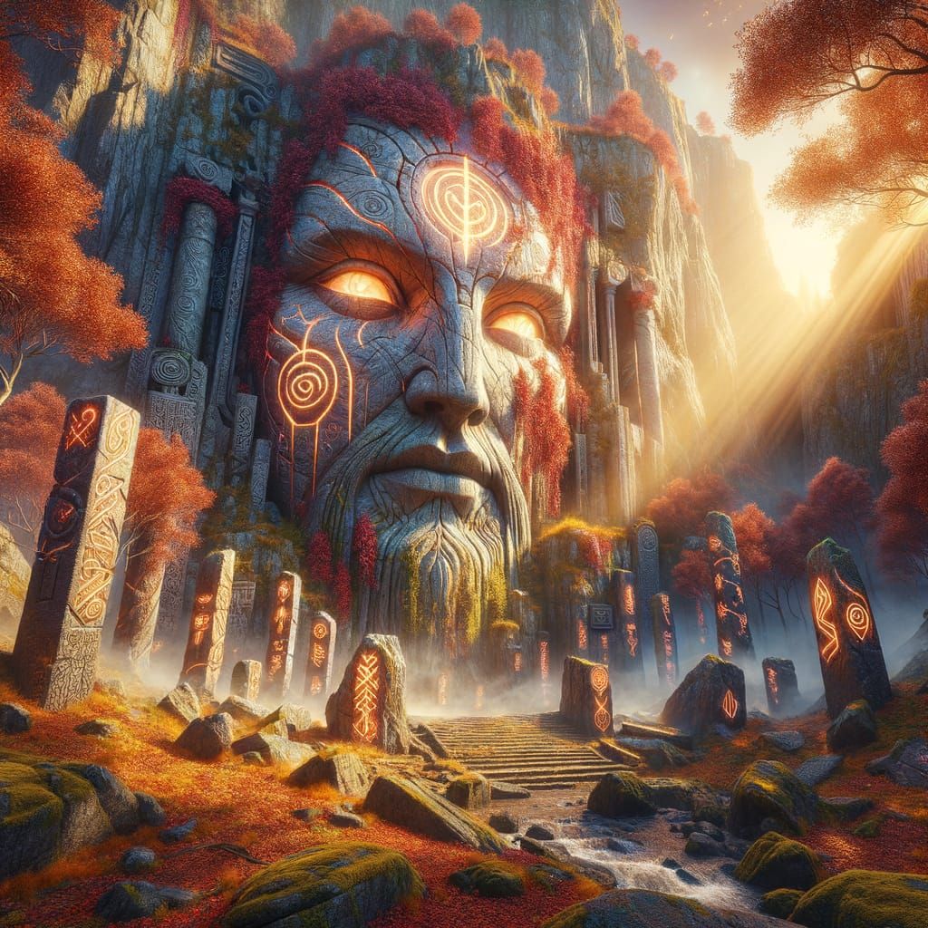 Colossal Norse God Face in Autumn Landscape