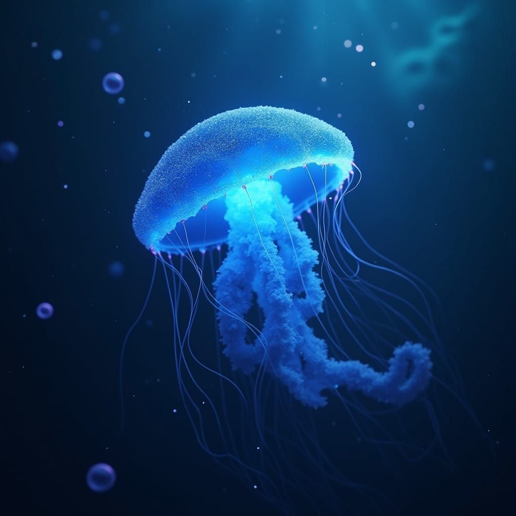 Ethereal Blue Jellyfish in Mysterious Abyss