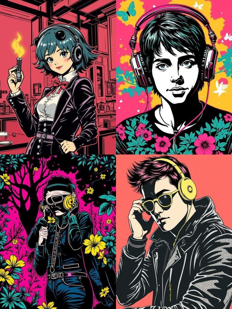 Neon Pinup with Headphones in Linoleum Print Style