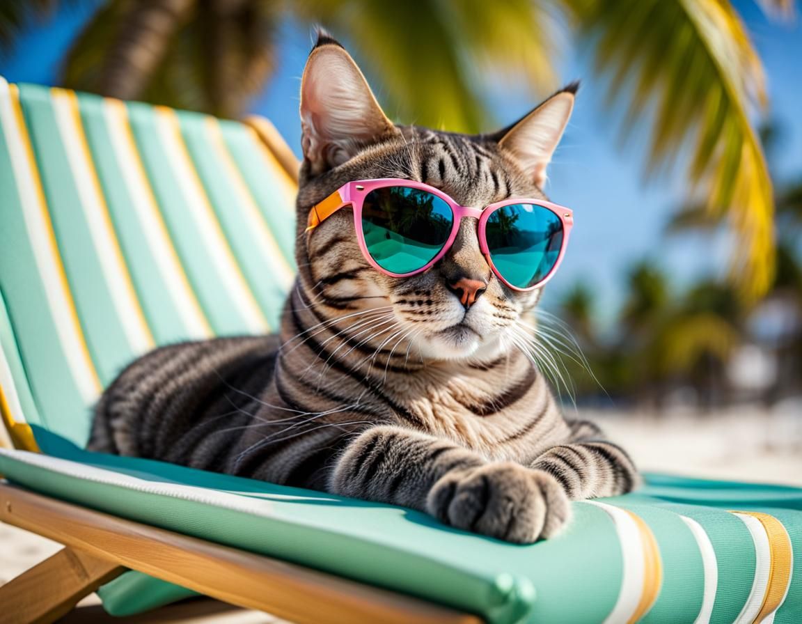 Gray Tabby Cat's Tropical Beach Vacation