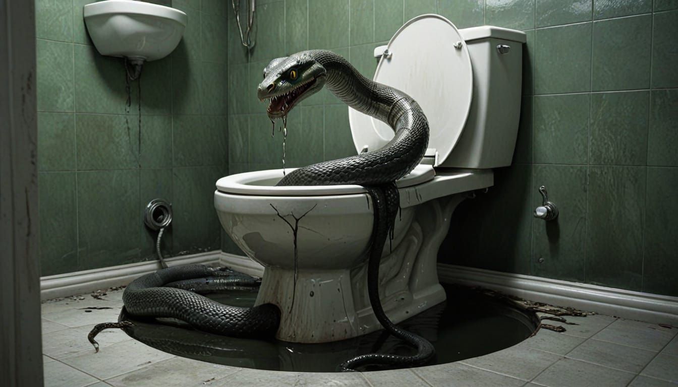 Surreal Toiletscape: Snake Emerges from Filthy Depths
