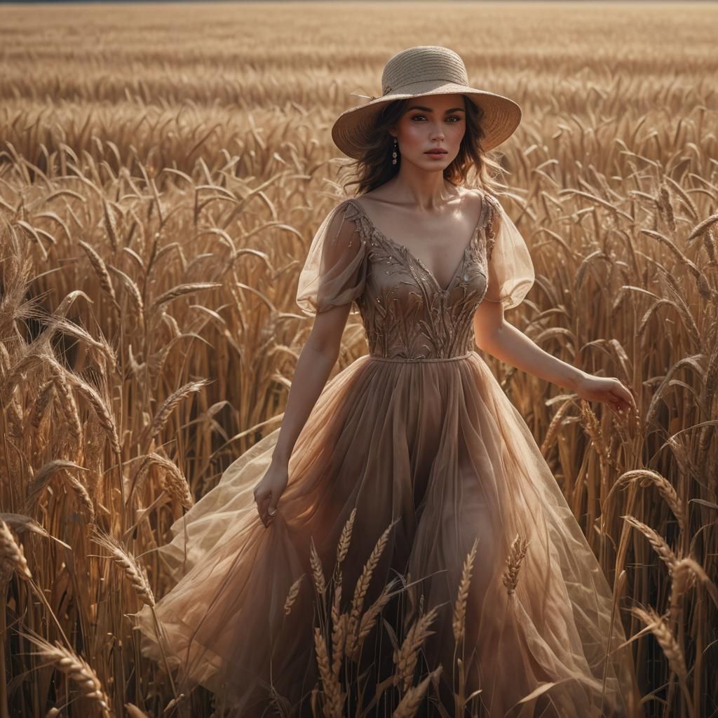 Elegant Woman in Tulle Dress Walking in Wheat Field