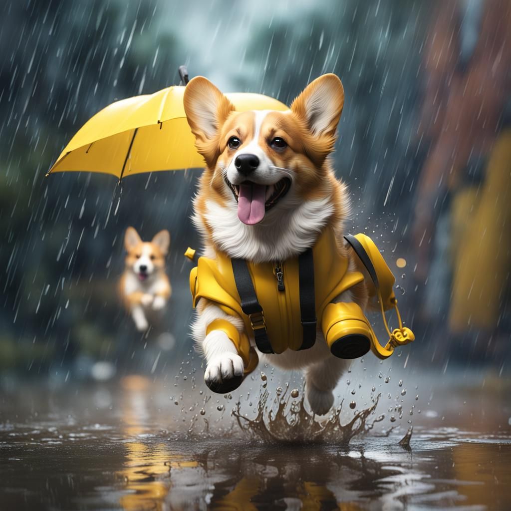 Corgi Having Fun in the Rain