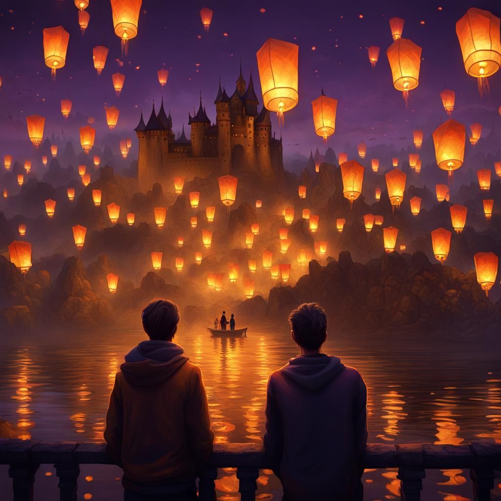 Floating Lanterns Ascend from Castle: Dark Fantasy Art