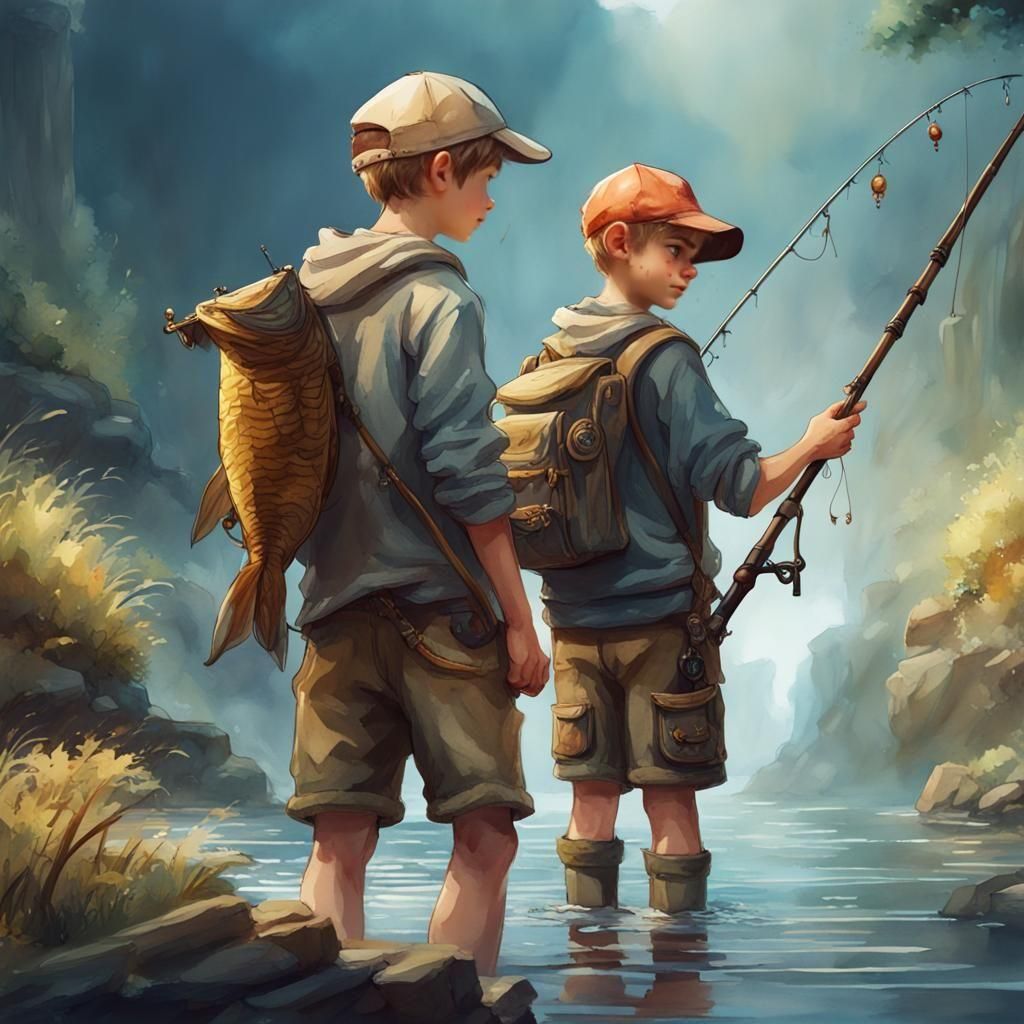 Boy with Fishing Rod in Detailed Matte Painting Style
