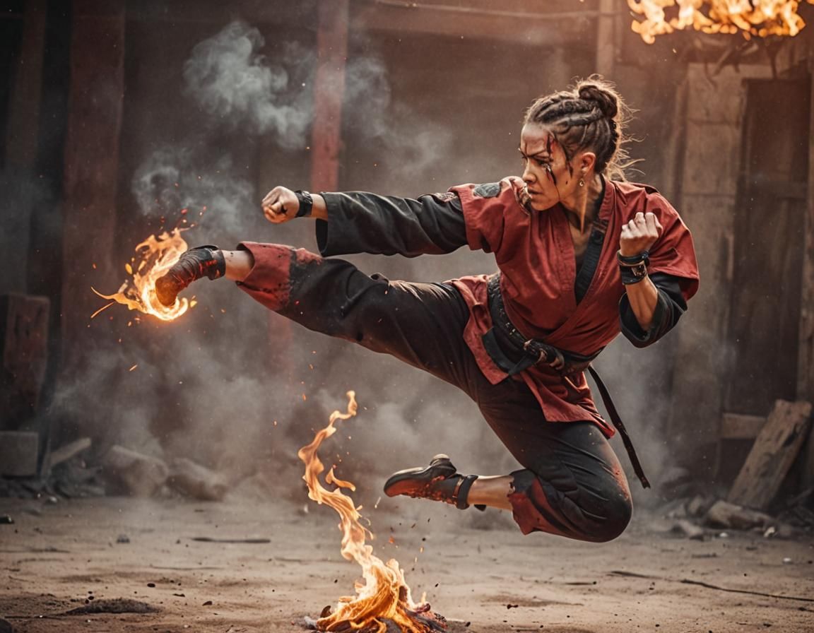 Iconic Martial Arts Woman Fighter with Magic Flame