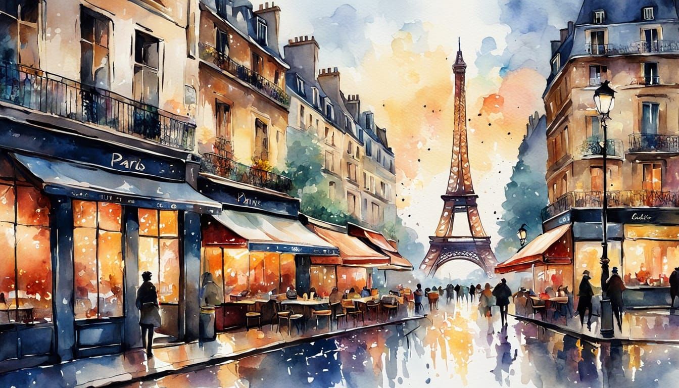 Parisian Night Scene with Eiffel Tower in Splash Art Style