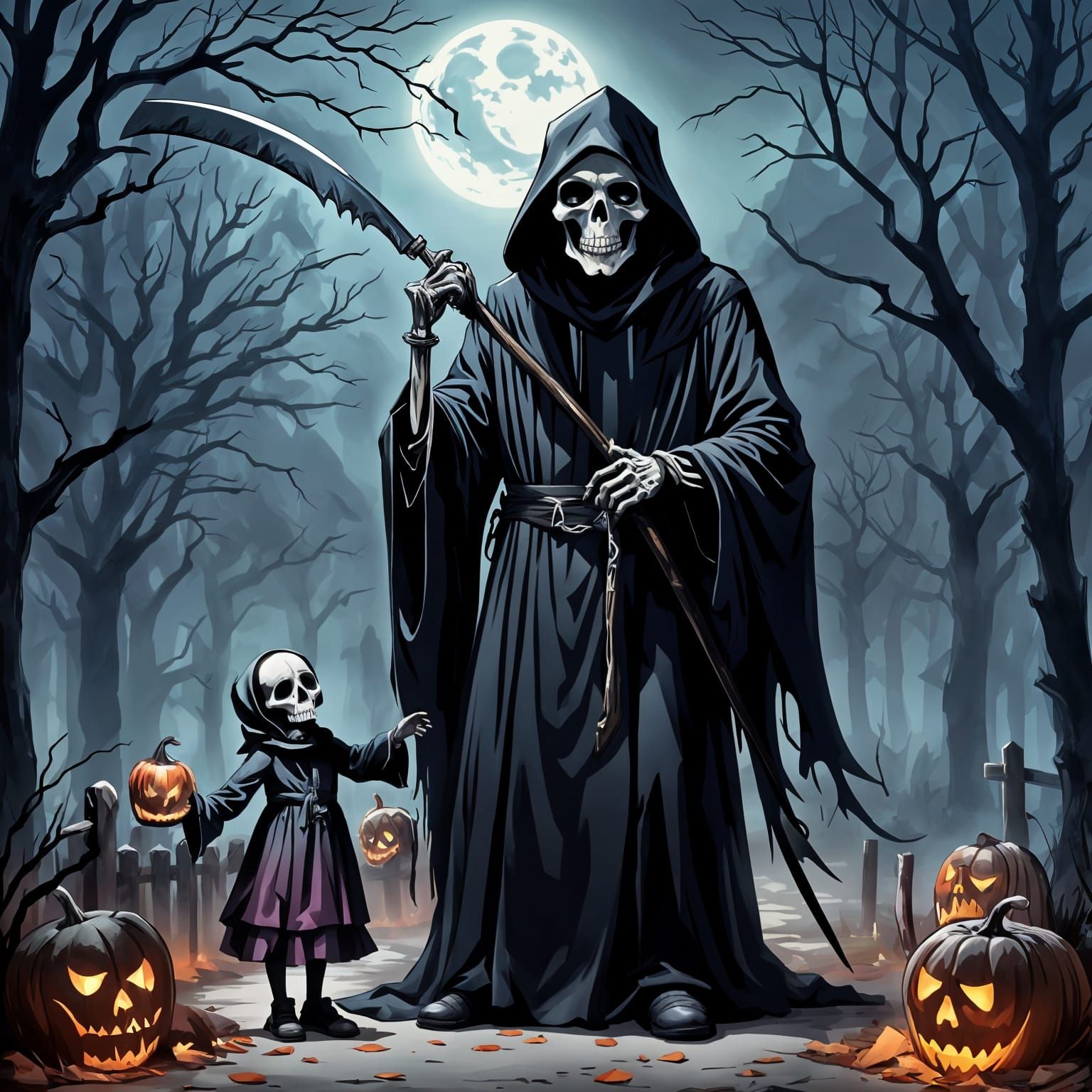 Grim Reaper's Gentle Moment with Daughter on Halloween