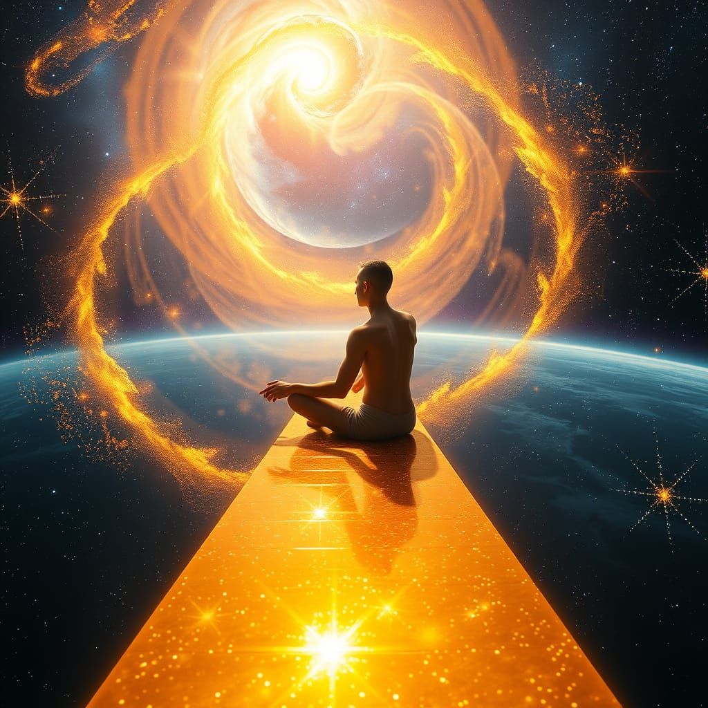 Golden Cosmic Entity Amidst Galaxy Whirlpool