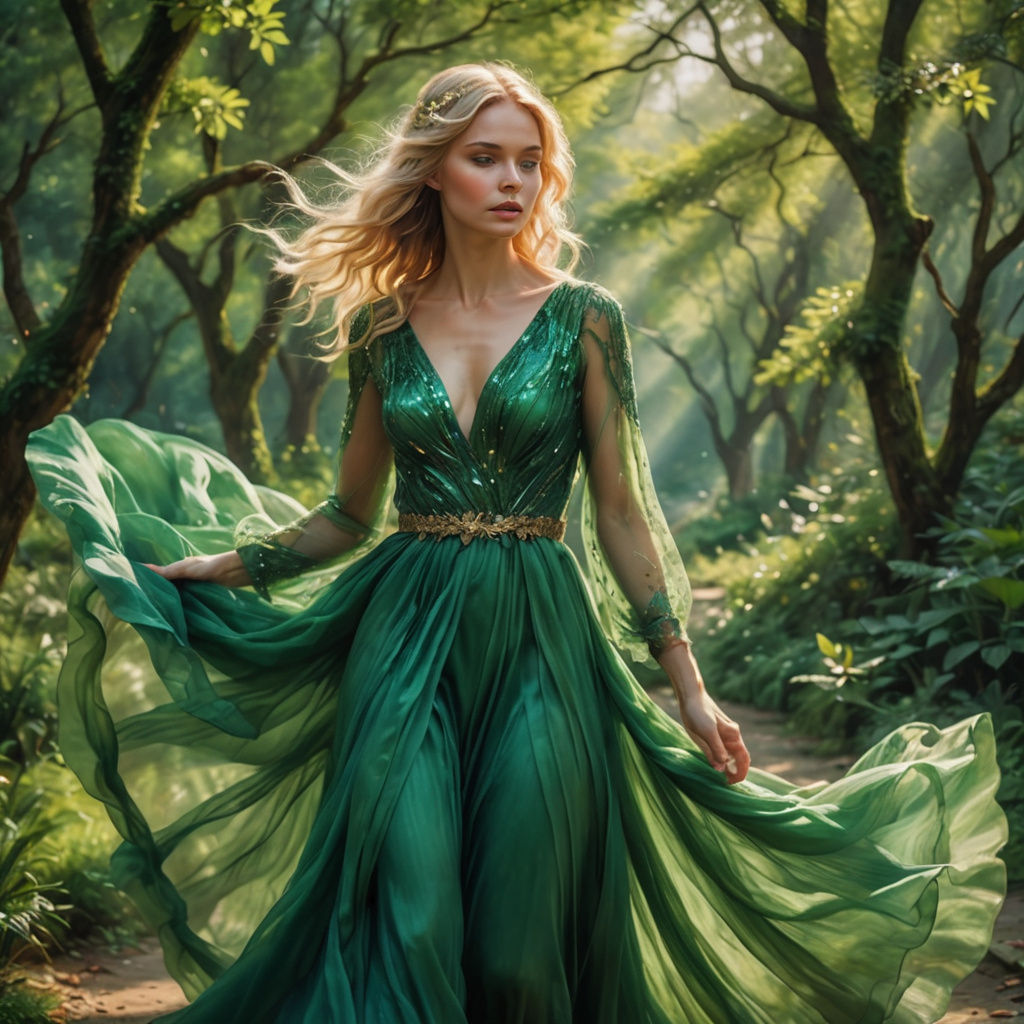 Impressionistic Blonde Woman in Flowing Green Dress