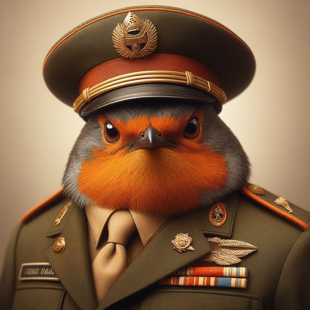 Comical Military Robin Portrait: Absurd Narcissism