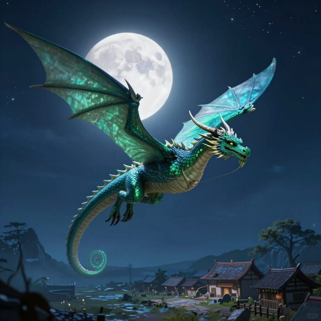 Green Dragon Soars Over Moonlit Village in Digital Fantasy A...