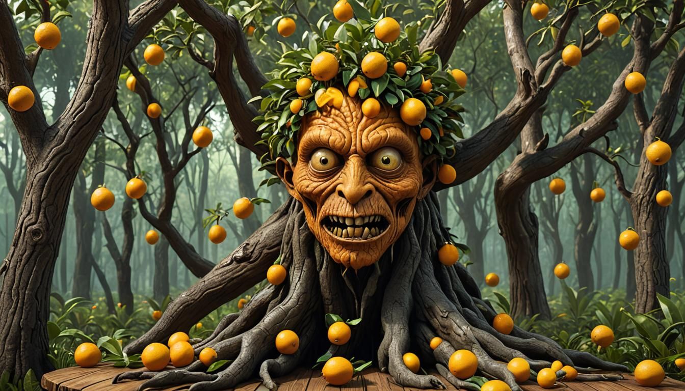 Orange Tree Monster with Lemon Face in Forest