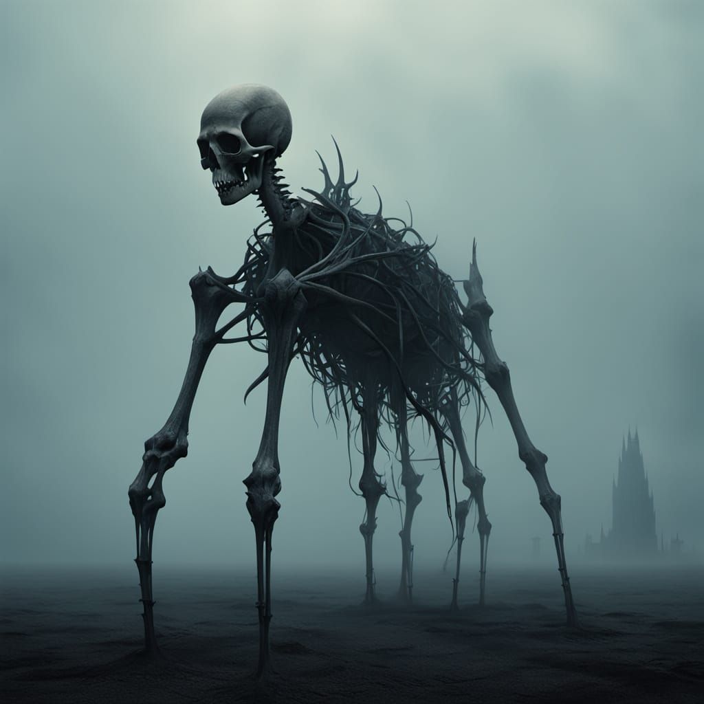 Colossal Skeletal Creature in Dark Surreal Landscape