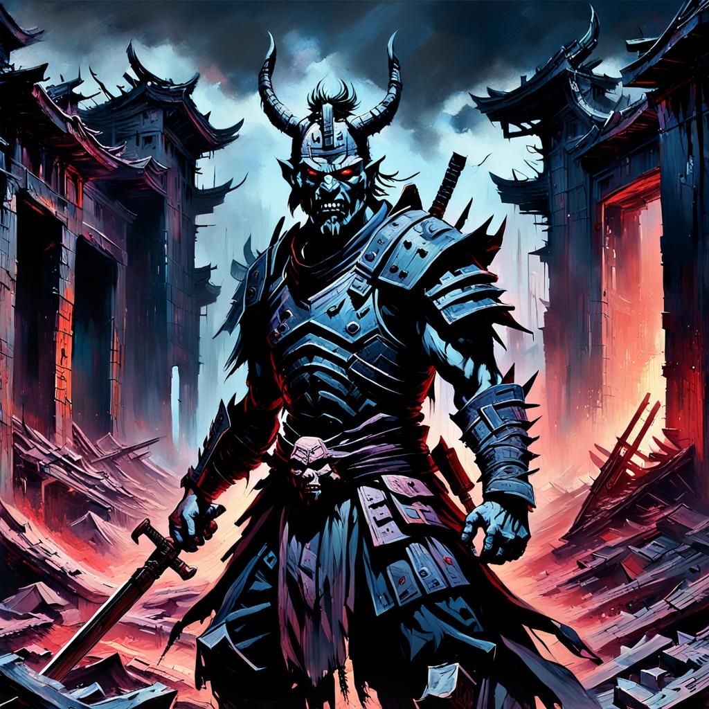 Demonic Warrior in Apocalyptic Ruins, Neo-Expressionist Art