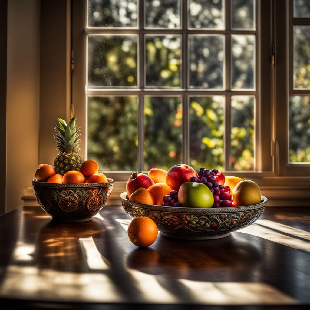 vibrant fruit bowl on kitchen table with sun shining into window