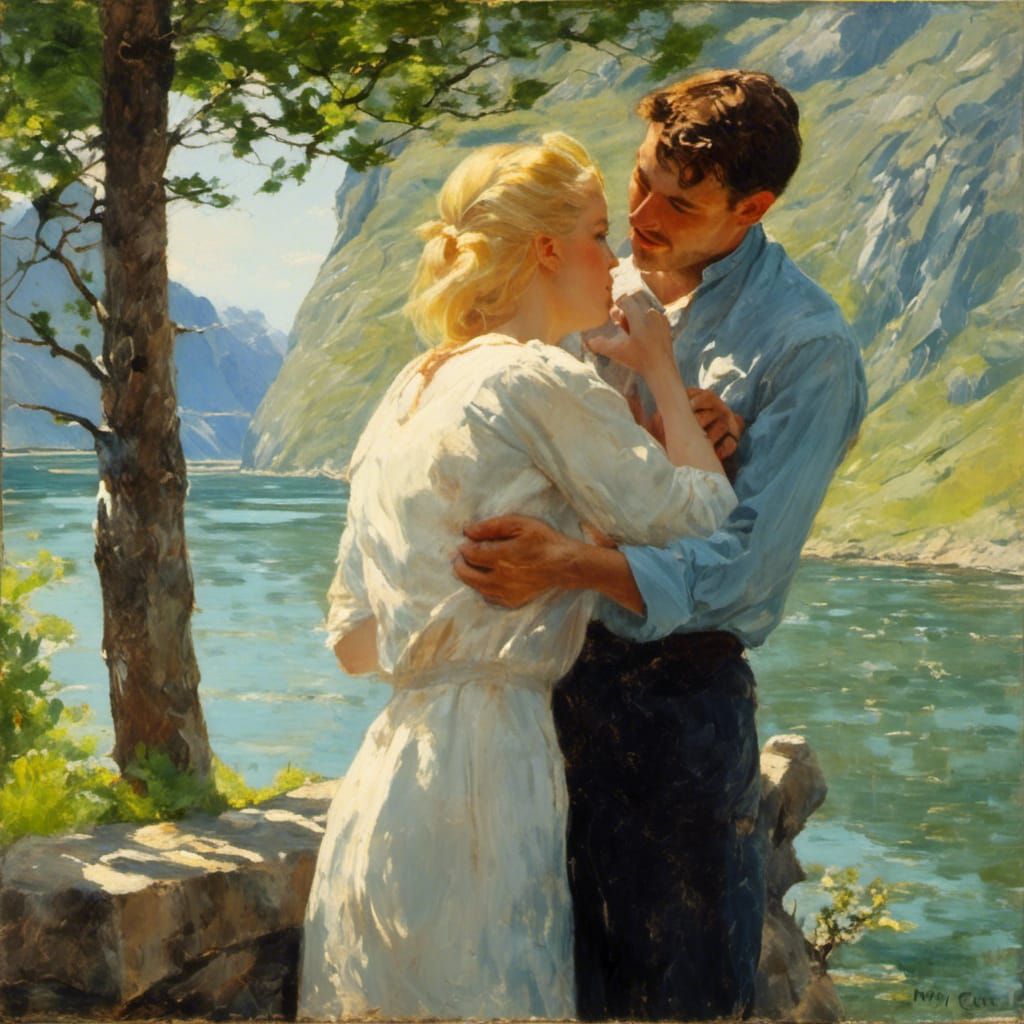 Romantic Norway Scene in Pastel Oil Painting Style