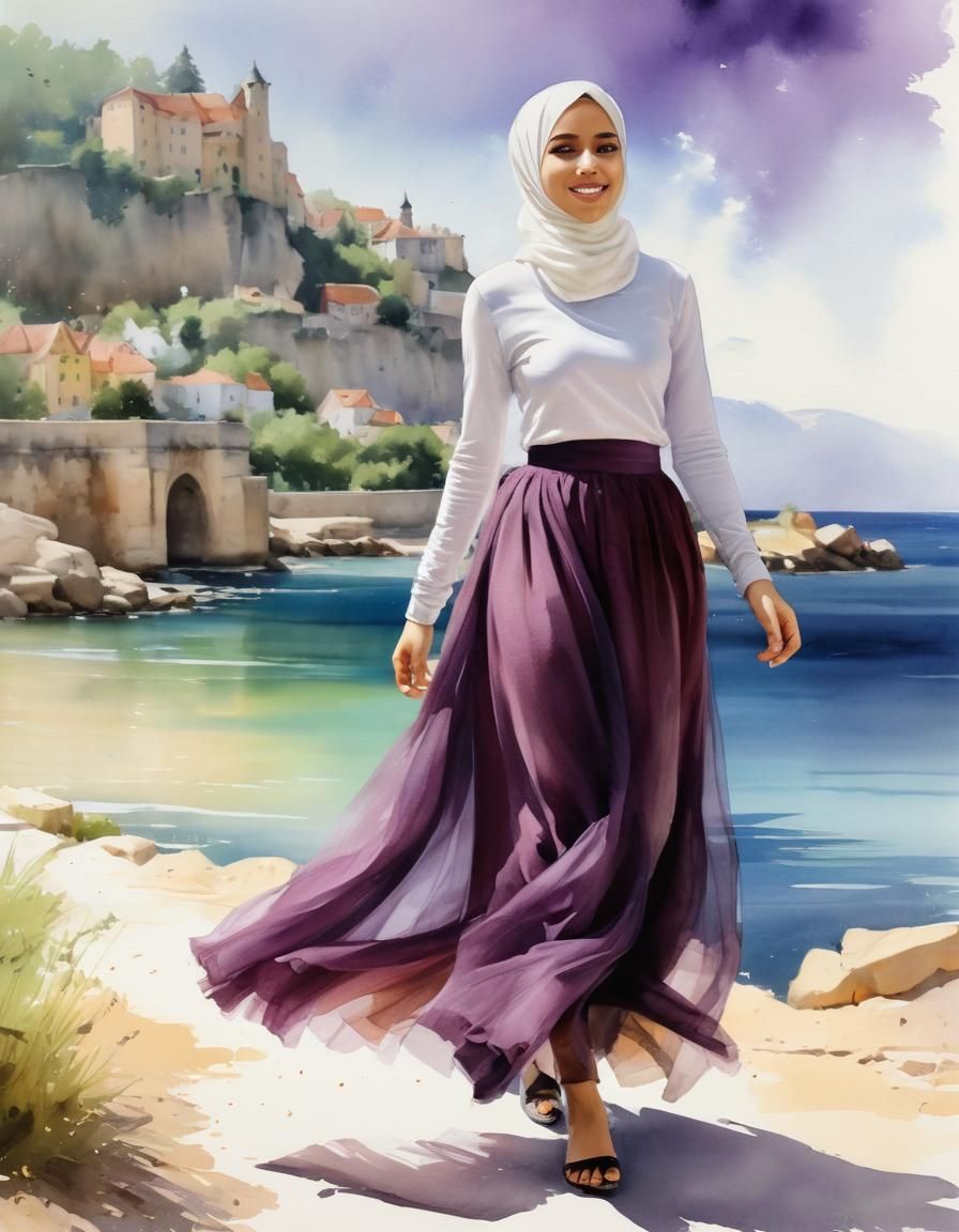 Woman in Hijab Walking in Medieval Town, Watercolor