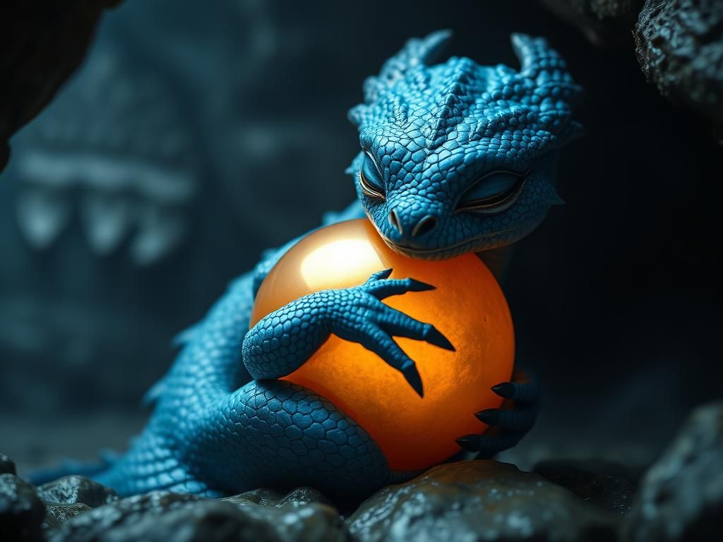 Blue Feathered Dragon Cradling Orb in Glimmering Cave