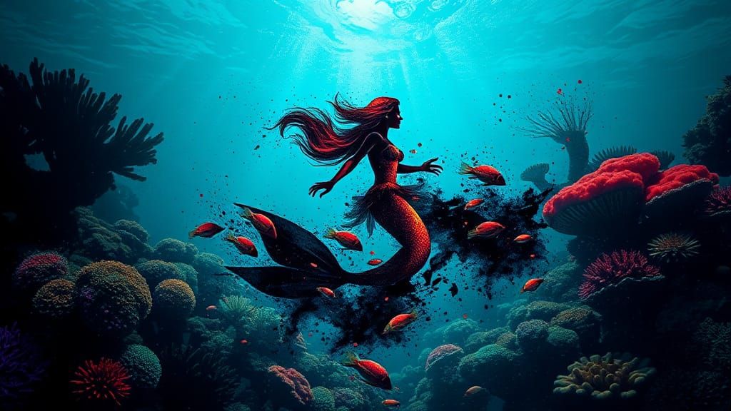 Mermaid Swimming in Coral Reef: Double Exposure Art