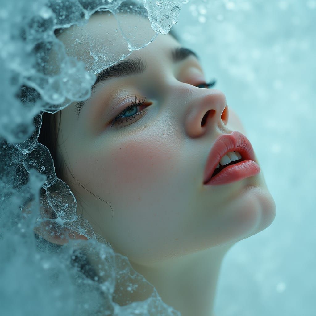 Woman's Face Trapped Under Cracked Ice in Photorealistic Sty...
