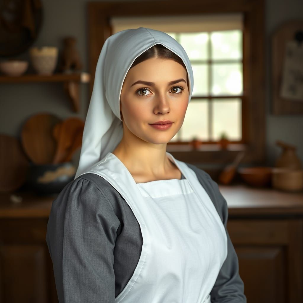 Hyperrealistic Portrait of an Amish Woman in a Cozy Kitchen
