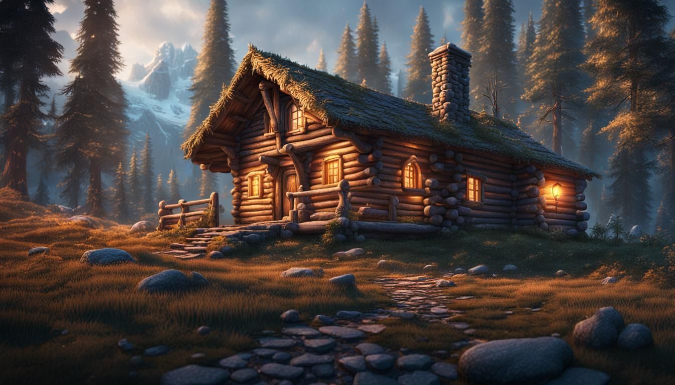 Cozy Wilderness Cabin in Detailed Matte Painting